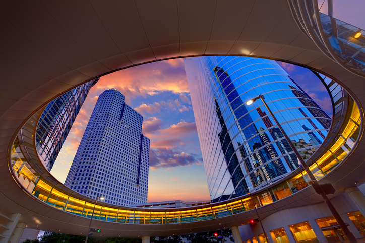 Houston Downtown sunset modern skyscrapers at Texas US USA