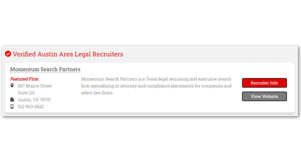 Example of a verified Austin Texas based legal recruiter listing on the Legal Recruiter Directory