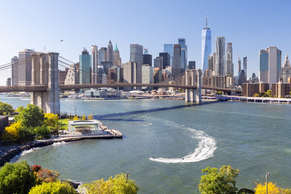 New York City skyline. Manhattan Skyscrapers panorama and Brooklyn bridge
