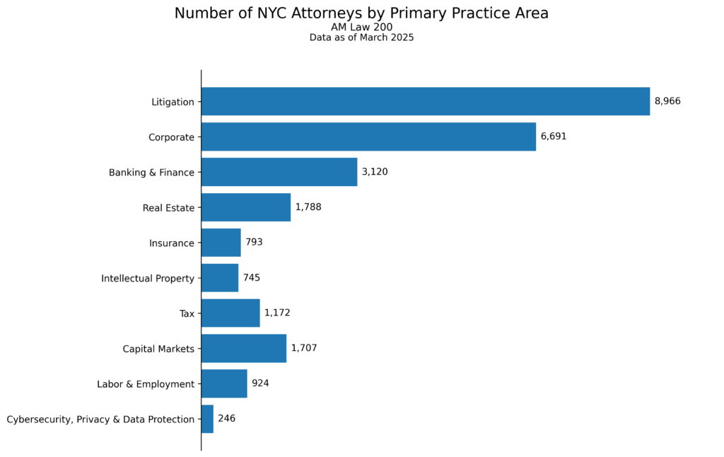 Horizontal bar chart showing the number of NYC attorneys by practice area as of March 2025. Litigation leads with 8,966, followed by Corporate (6,691), Banking & Finance (3,120), and others down to Cybersecurity, Privacy & Data Protection (246).