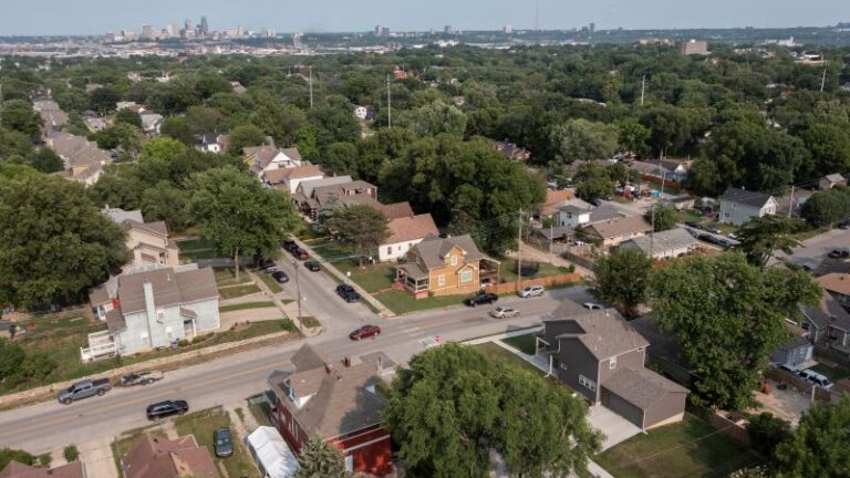 Aerial view of a suburban neighborhood with tree-lined streets, houses, and cars parked along the roads. A distant Kansas City skyline is visible on the horizon under a clear sky.
