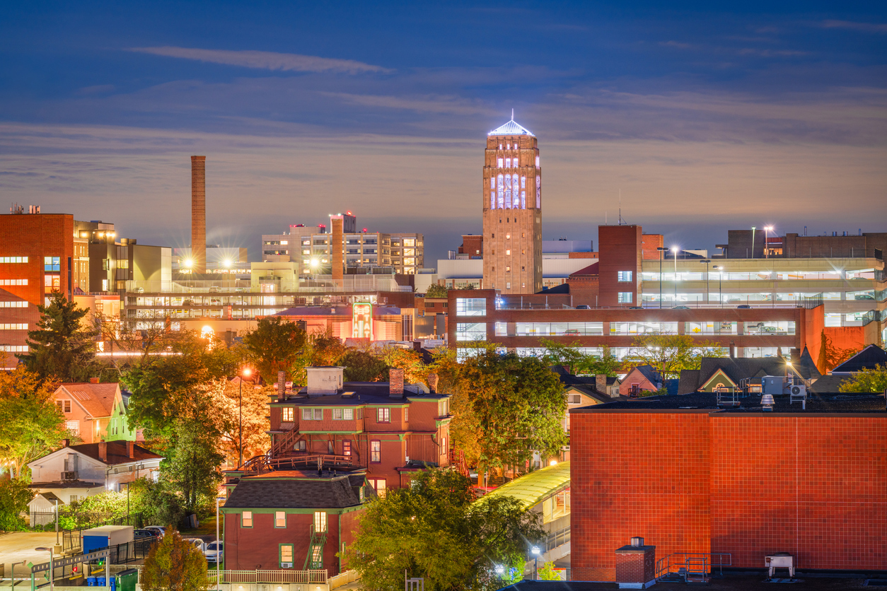 Cityscape view of the Ann Arbor Michigan town skyline at dusk