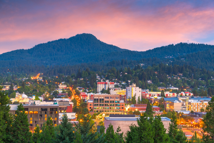 Eugene, Oregon downtown cityscape at dusk.